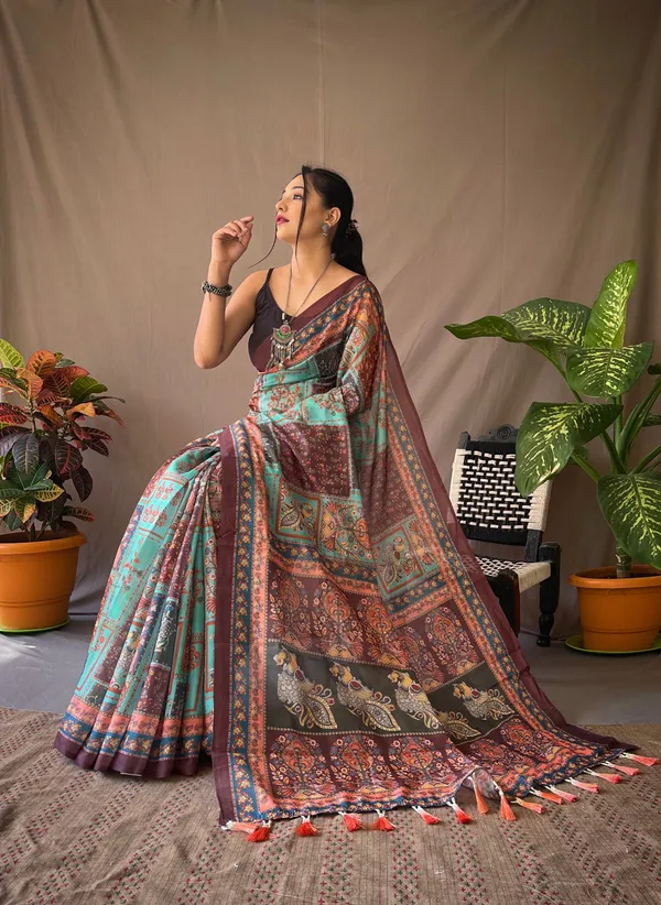 Blue_Pure_Soft_Cotton_Kalamkari_Print_Saree_With_Blouse_Piece_Attached